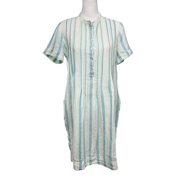 Faherty Gemini 100% Linen Shift Dress Size XS Stripes Pleats Pockets Stripped - Picture 2 of 11